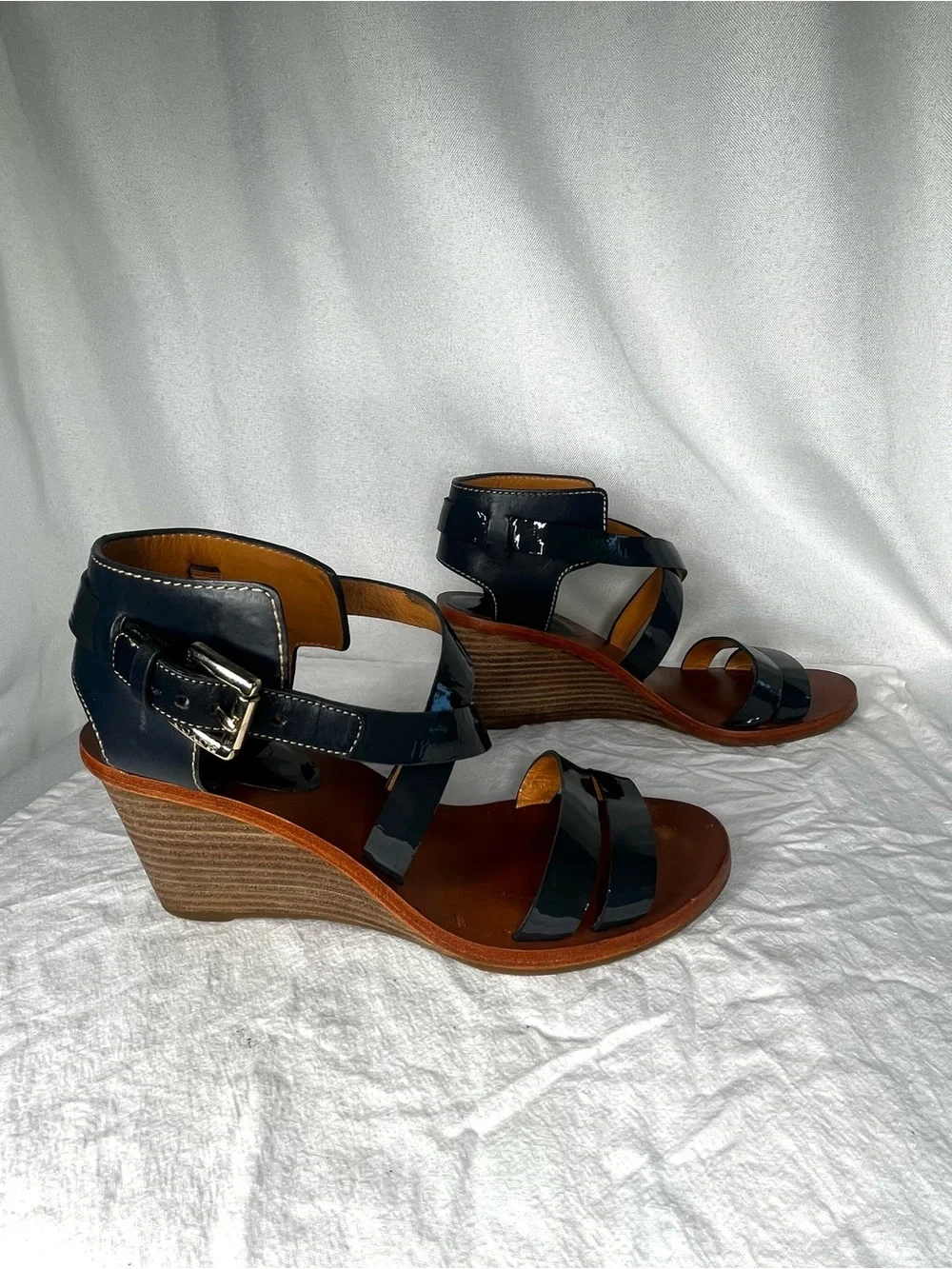 Coach Navy Patent Leather Strappy Wedge Sandals Women’s Size 6B